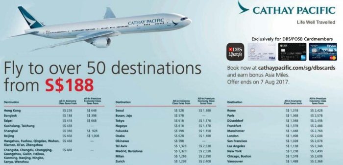 Exclusive airfares for DBS/POSB Cardmembers @Cathay Pacific. From 19 Jul – 7 Aug 17
